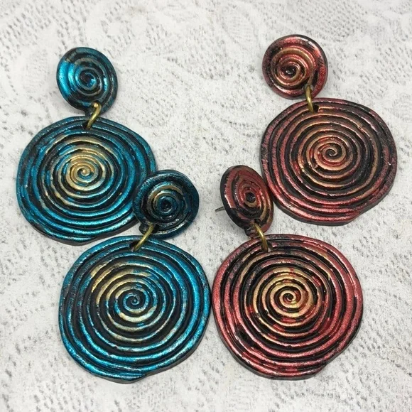 Retro Spiral Swirl Statement Rustic Modernist Abstruct Earrings Dangle Drop Long - Picture 2 of 6